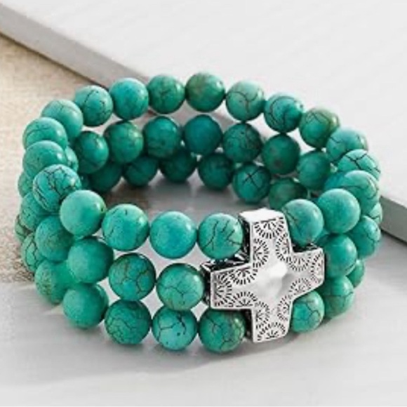 SILPADA- Howlite Turquoise Silver Devotion Cross Stretch Reversible Bracelet - Picture 3 of 5